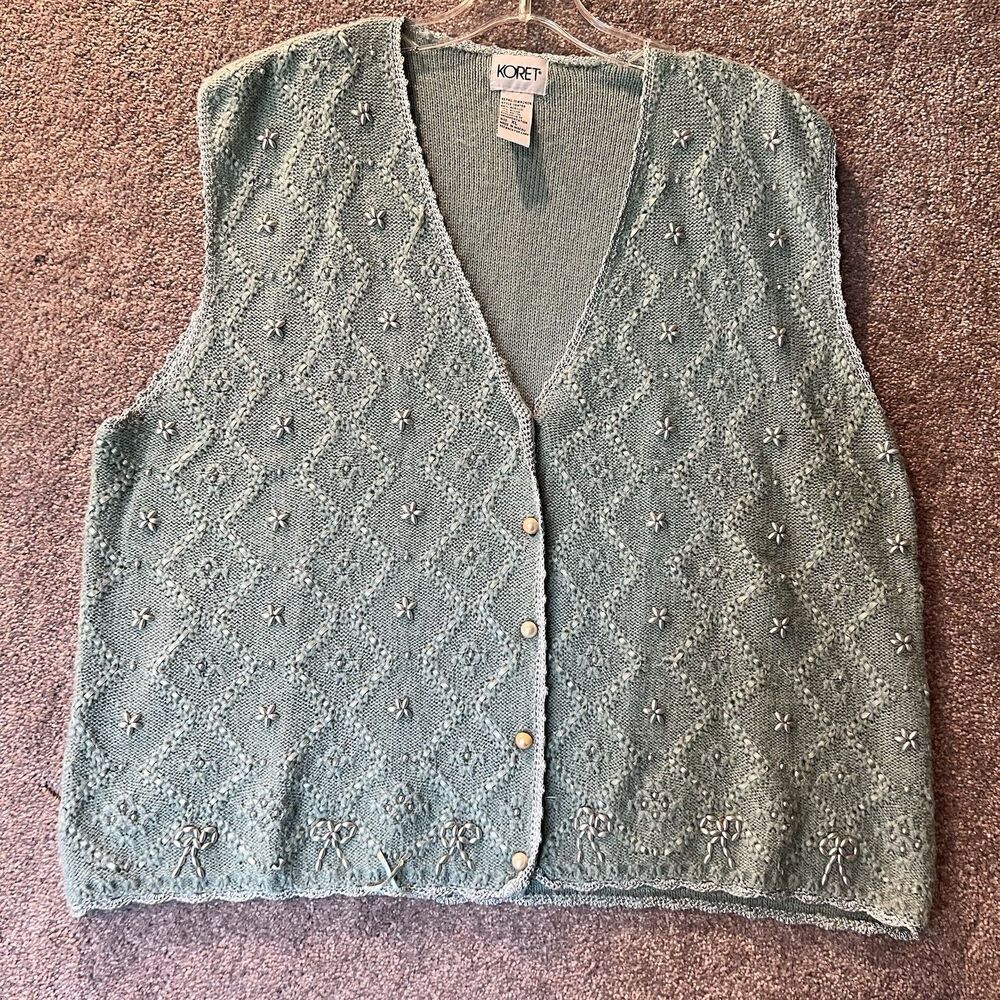 Vintage Koret Button Front Sweater Vest XL Sage Green Diamond Knit Ribbon Pearl